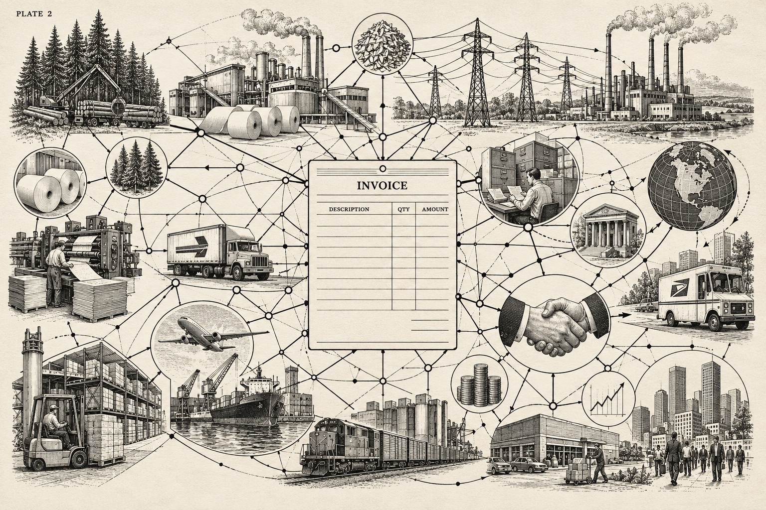 Plate II. An invoice at the center of roads, trees, ink, and money.