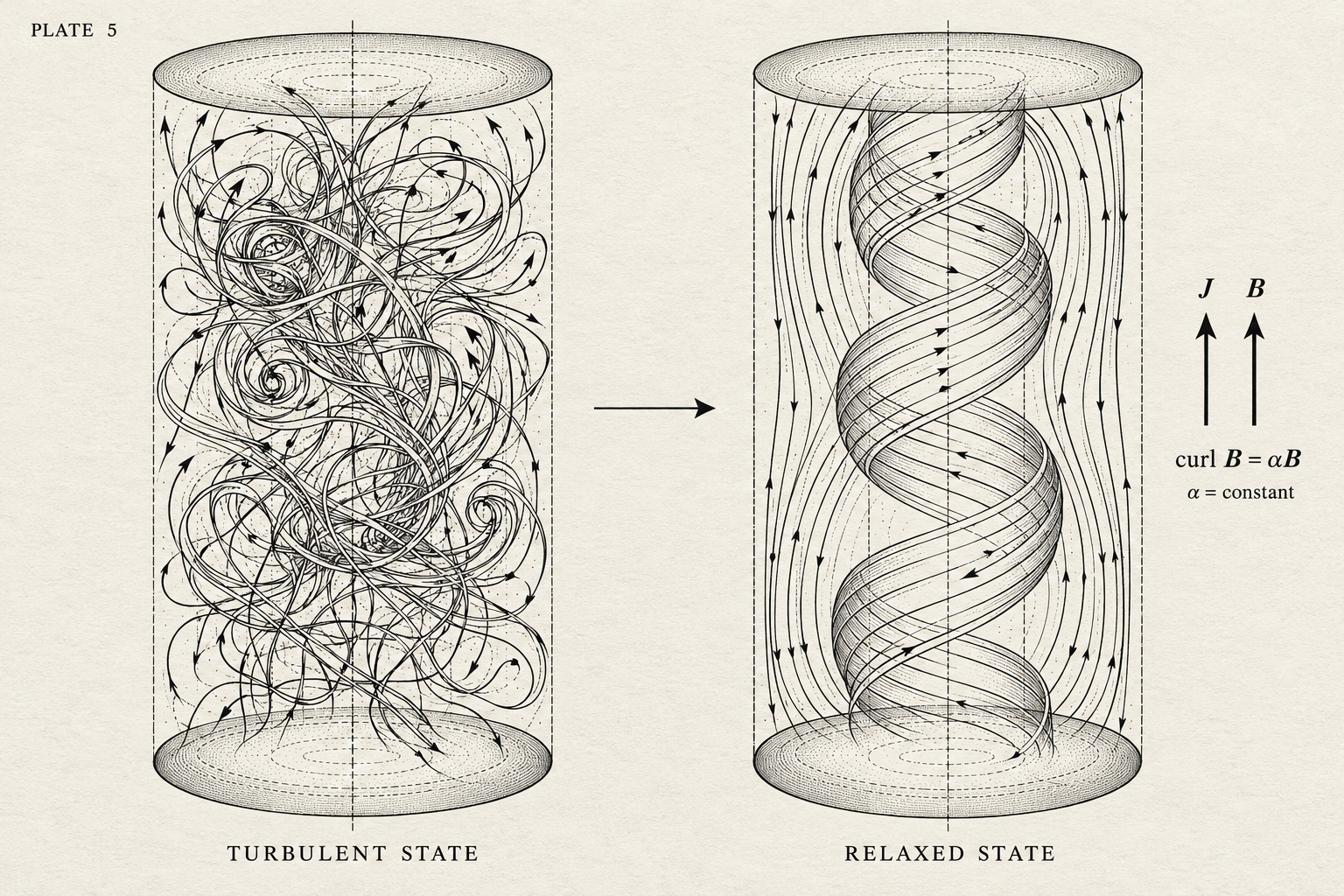 Plate VI. A tangled magnetic field beside a smoother relaxed field.