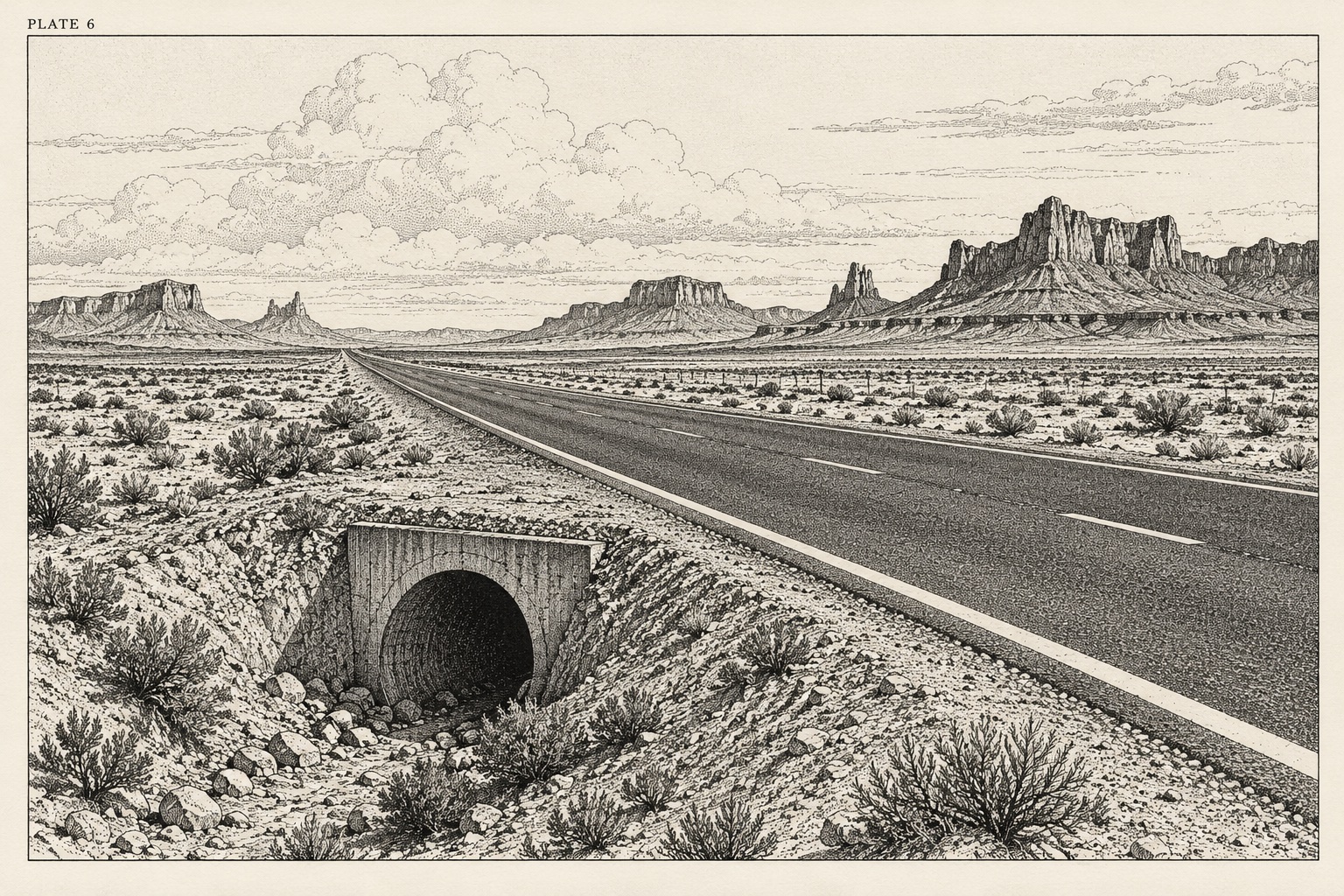Plate VIII. A concrete culvert beneath a desert road.