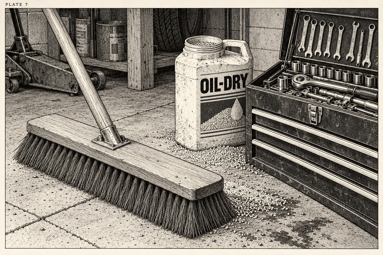 Plate IX. A workshop floor, a broom, and a shared meal.